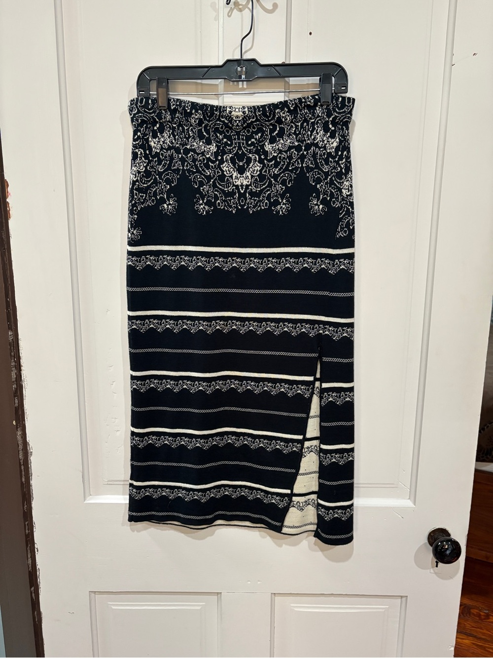 Free People Black and White Midi Skirt with Side Slit